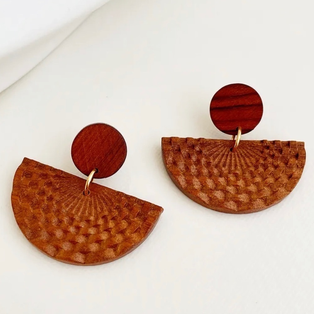 Semi Circle Wooden Earrings Dangle Geometric Boho Coastal Cowgirl Brown Neutral